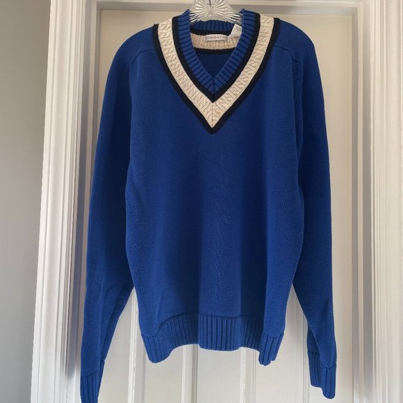 Claiborne 1990s Cricket Style Cotton Sweater Blue Cream Black Trim Size Mens Med - Picture 2 of 9